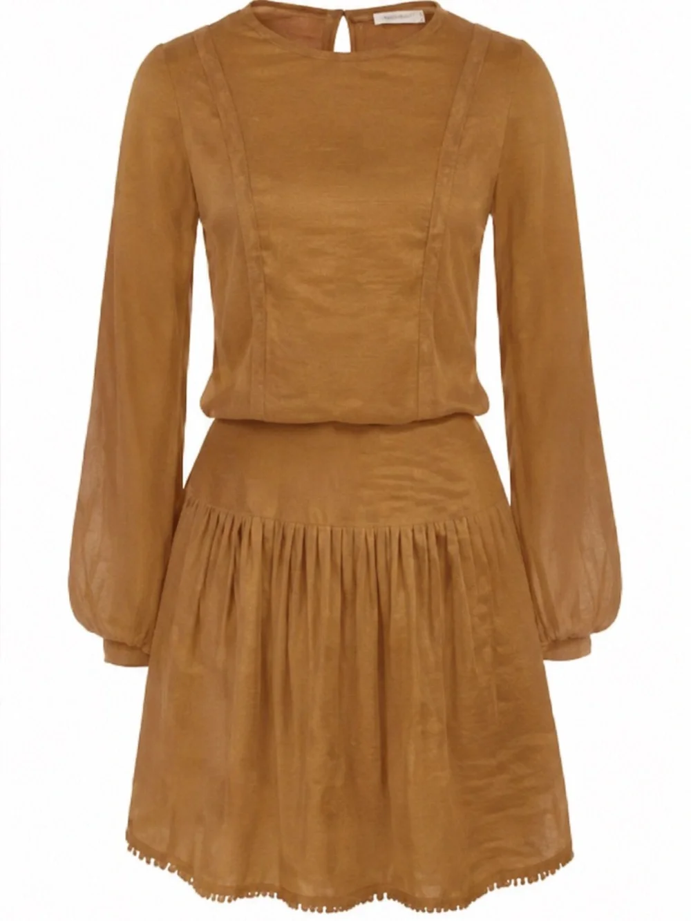 Frieeah Camel Linen Blend Long Sleeve Drop Waist Mini Dress Cottagecore Boho L - Picture 2 of 10